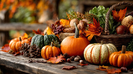 Authentic Thanksgiving Day traditions in a rural countryside, vegetable harvest outdoors and autumn leaves and trees background. Generative AI