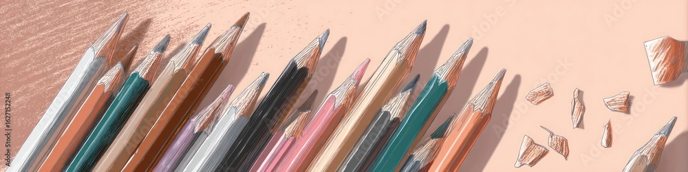 Poster a collection of sharpened colored pencils arranged diagonally with shavings on a peach background