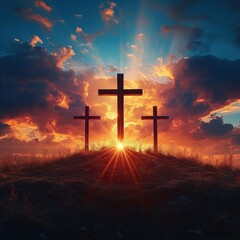 Three crosses silhouetted on a hill with the sun setting behind them casting radiant orange and blue dramatic sky light