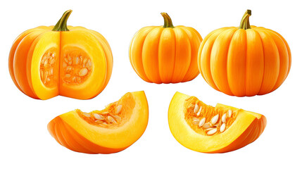 Four halved pumpkins, a closeup of seeds, pulp, and vibrant orange color for autumn