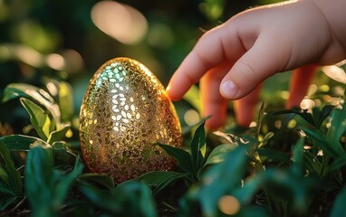 A child's hand reaching towards a decorative golden egg nestled among green plants bathed in warm sunlight creating a magical and curious atmosphere