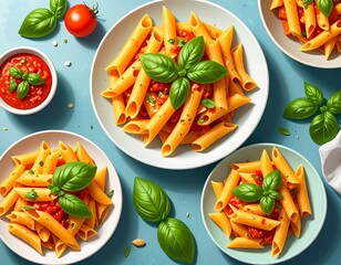 Pasta dish with tomato sauce and basil