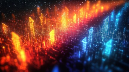 Abstract digital cityscape with glowing skyscrapers in orange and blue colors amidst a dark starry background, evoking futuristic technology and vibrant energy