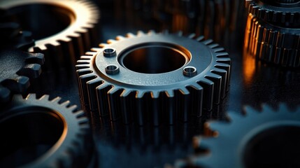 Close-up view of metallic interlocking gears illuminated with warm light creating a sense of precision and engineering