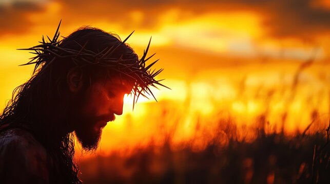 Silhouette of a man wearing a crown of thorns against a vivid orange sunset with grass in the foreground, evoking a solemn and reflective mood