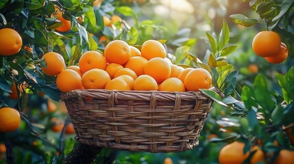 A woven basket filled with ripe oranges hanging among lush green orange tree branches under soft sunlight