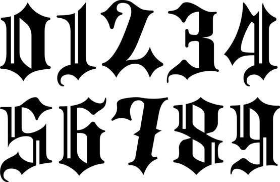 A bold and dramatic set of gothic blackletter numbers from 0 to 9 in a sharp, vintage medieval style. Ideal for tattoo design, gothic branding, posters, album covers, and calligraphy projects.
