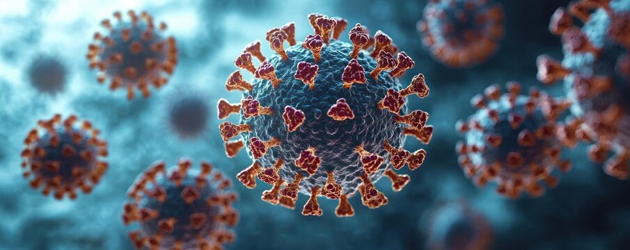 3D rendered close-up of spherical virus particles with spike proteins protruding, set against a blurred background, conveying a microscopic view of viral infection