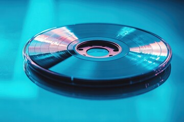 Close-up of a shiny clear vinyl record on a blue reflective surface with colorful light reflections