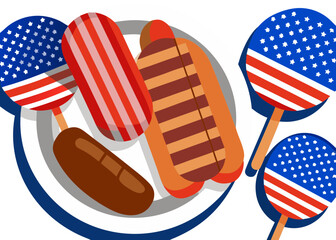 Grilled sausages and burgers on patriotic paper plates, featuring vibrant colors and textures, creating a festive barbecue atmosphere with summer vibes and delicious food