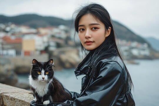 Young woman in a black leather jacket sitting outdoors by a waterfront with a black and white cat on a stone ledge, calm and contemplative expression, blurred coastal town background