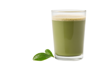 Vibrant Matcha Latte: A close-up captures a rich, vivid matcha latte in a clear glass, complemented by a delicate green tea leaf, inviting a moment of mindful indulgence.