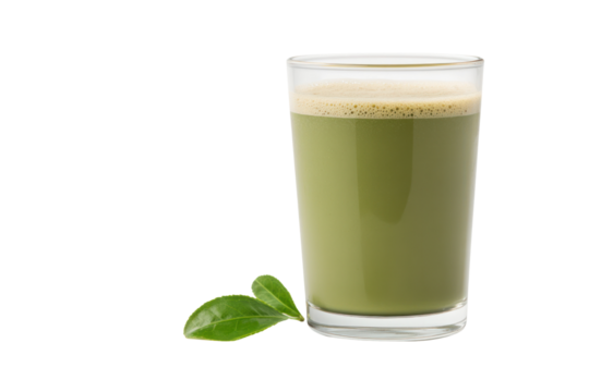 Vibrant Matcha Latte: A close-up captures a rich, vivid matcha latte in a clear glass, complemented by a delicate green tea leaf, inviting a moment of mindful indulgence.