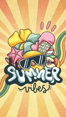 Retro Summer Vibes Illustration with Groovy Beach Doodles