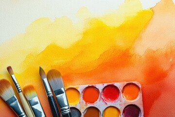 Set of five paintbrushes lying on a watercolor paper with vibrant yellow, orange, and red paint washes and a paint palette with various warm colors