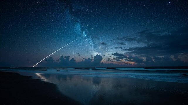Meteor streaking across the night sky over a calm ocean. Ideal for themes related to astronomy, nature, nightscapes, tranquility, and cosmic phenomena.