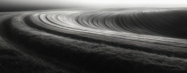 Curved plowed field rows creating repetitive wave-like patterns in a monochromatic landscape with soft lighting