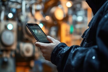 Person holding smartphone with visible text screen in a dimly lit industrial or mechanical environment, focused on device usage in cold or wet conditions