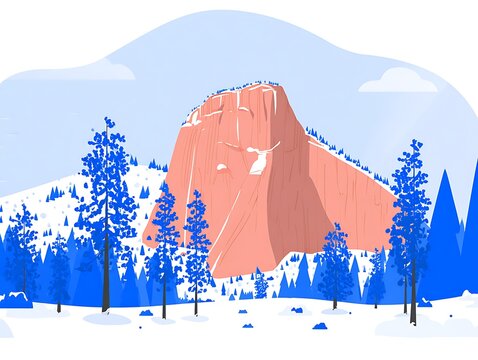 Winter landscape with red rock formation