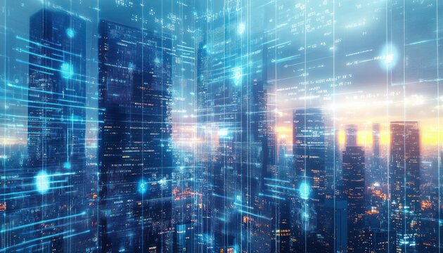 Futuristic glowing blue digital network overlay on city skyscrapers at sunset, representing data flow and technology integration