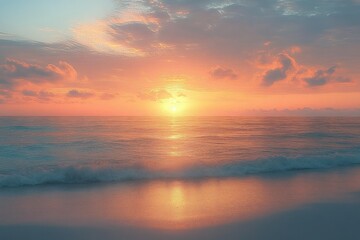 Obraz premium Serene ocean sunrise with soft waves gently rolling onto the sandy shore under a colorful sky with scattered clouds, evoking calm and peaceful emotions