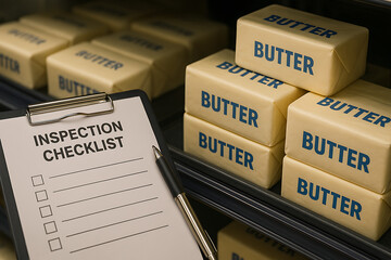 Inspection Checklist and Pen on Clipboard in Front of Butter Stacks