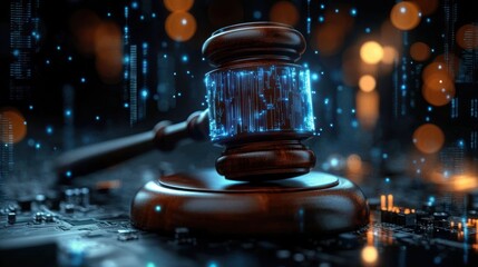 Close-up of a wooden judge's gavel with digital blue circuit patterns overlayed, resting on an electronic circuit board with glowing orange and blue lights in the background