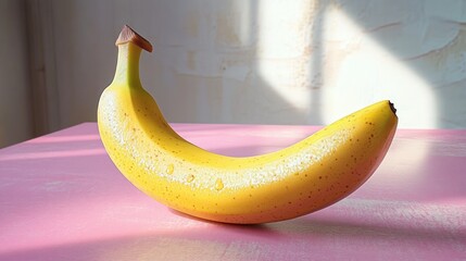 Single ripe banana with spots resting on a glossy pink surface with natural light and shadow in the background
