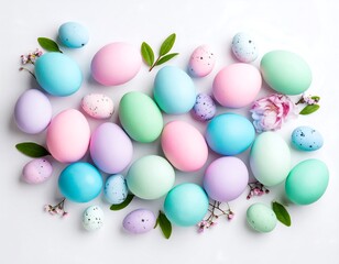 Pastel Easter eggs arranged with flowers and leaves