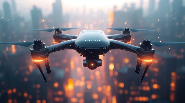 futuristic black drone with camera flying over blurred cityscape at dusk with glowing orange lights and high-rise buildings - Powered by Adobe