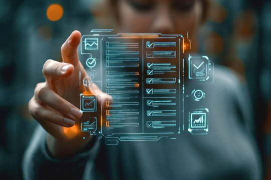 person interacting with a floating futuristic digital checklist and graphical interface with check marks and data charts