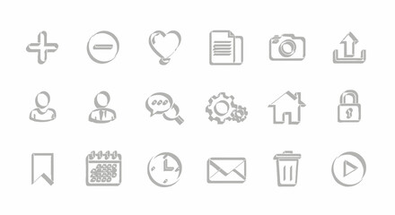 Gray sketch style icon collection. A set of hand-drawn user interface symbols for web design and application development.