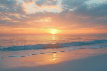 Serene sunrise over calm ocean waves gently washing onto smooth sandy beach under soft pastel clouds