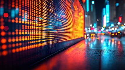 Pixelated Orange Glow from an LED Wall on a Wet, Neon-Lit City Street