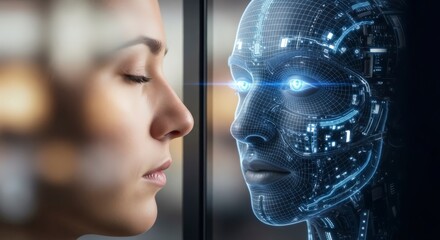 Conceptual image depicting a human face next to an advanced ai representation in futuristic digital style emphasizing innovation and science technology