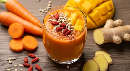 Vibrant orange smoothie with fresh fruits and vegetables garnished with seeds and berries on a wooden tabletop overhead shot