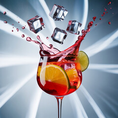 A cold red cocktail splashes in a martini glass with a cherry garnish, ready for a celebration