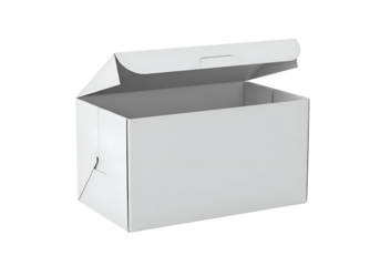 Empty white cardboard box with open lid.
