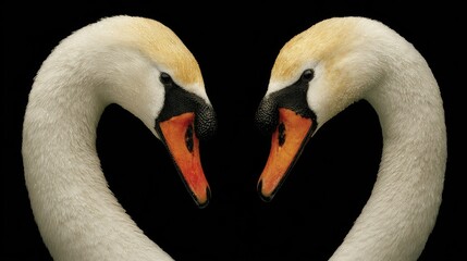 Fototapeta premium Two swans' necks form a heart shape against a black background.