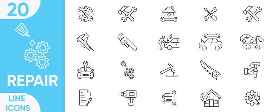 Repair line icon vector and illustrator set.car repair, maintenance, toolbox, car mechanic, home, construction, mechanic and more.vector illustration editable stroke.