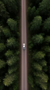Aerial View Car Driving Through Green Forest Road On Sunny Day