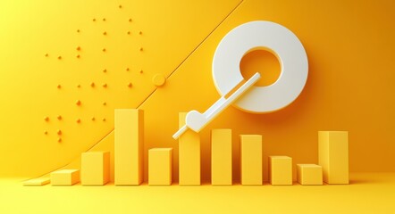 Yellow 3D bar graph with ascending and descending bars alongside a large circular target and an arrow hitting the bullseye, symbolizing achievement and success
