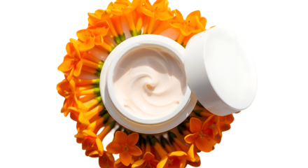 Cream Moisturizer Sits Among Orange Flowers, Offering Natural Beauty and Skincare Benefits