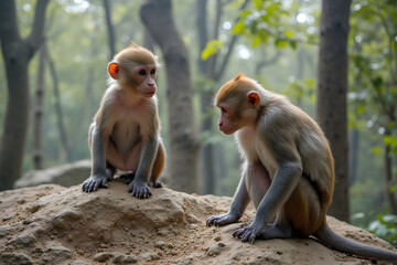 Obraz premium Two Young Monkeys Sitting on a Mound in a Forest Setting