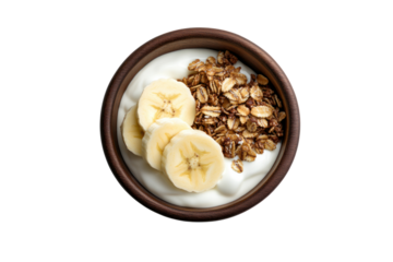 Bowl of Banana and Granola: A refreshing breakfast bowl featuring creamy yogurt topped with sliced banana and crunchy granola.