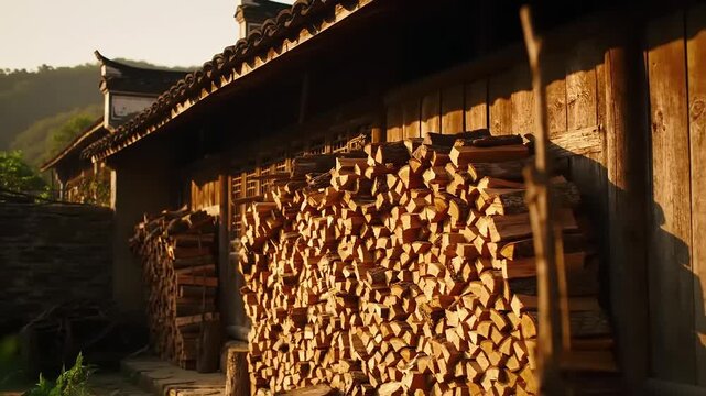 Aged wooden building with a large stack of firewood