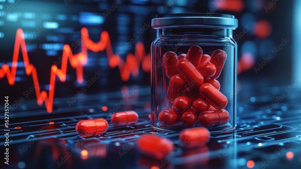 Fototapete glass jar filled with red capsules on a digital circuit board background with fluctuating red graph 