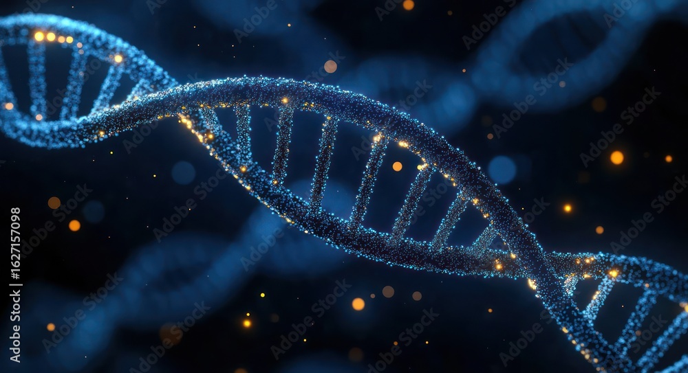 Poster detailed digital rendering of a glowing blue dna double helix structure with bright highlights and f