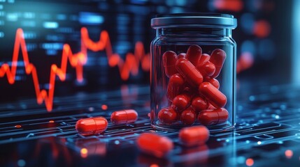 Glass jar filled with red capsules on a digital circuit board background with fluctuating red graph lines indicating data or stock trends in a high-tech environment