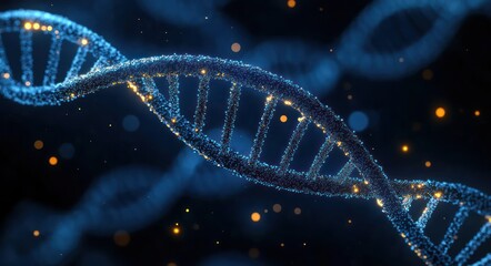 Detailed digital rendering of a glowing blue DNA double helix structure with bright highlights and floating particles conveying complexity and scientific innovation